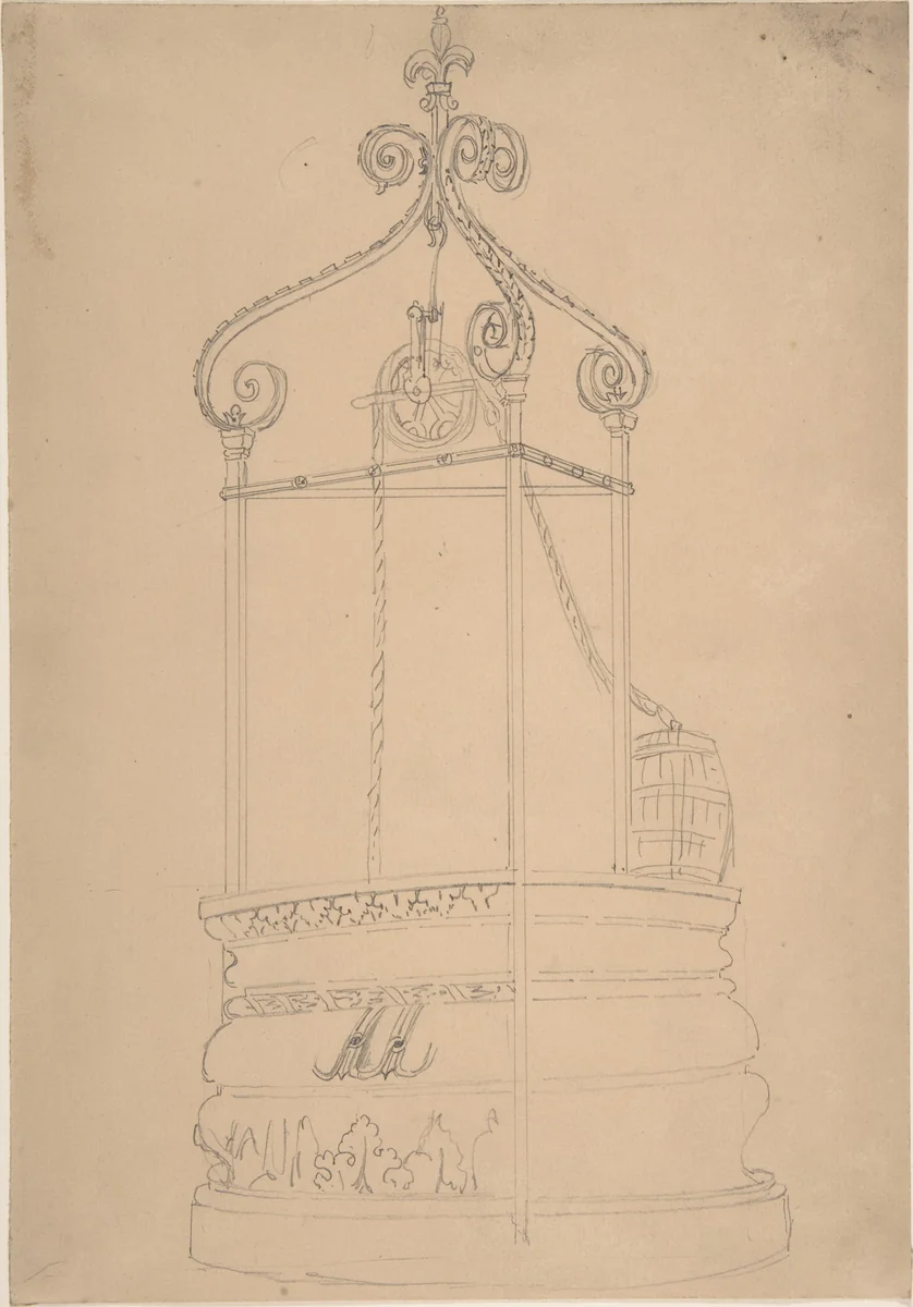 Well with Wrought Iron Cap and Stone Base by anonymous, drawing, 1850-1900