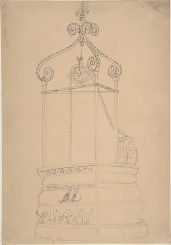 Well with Wrought Iron Cap and Stone Base by anonymous, drawing, 1850-1900