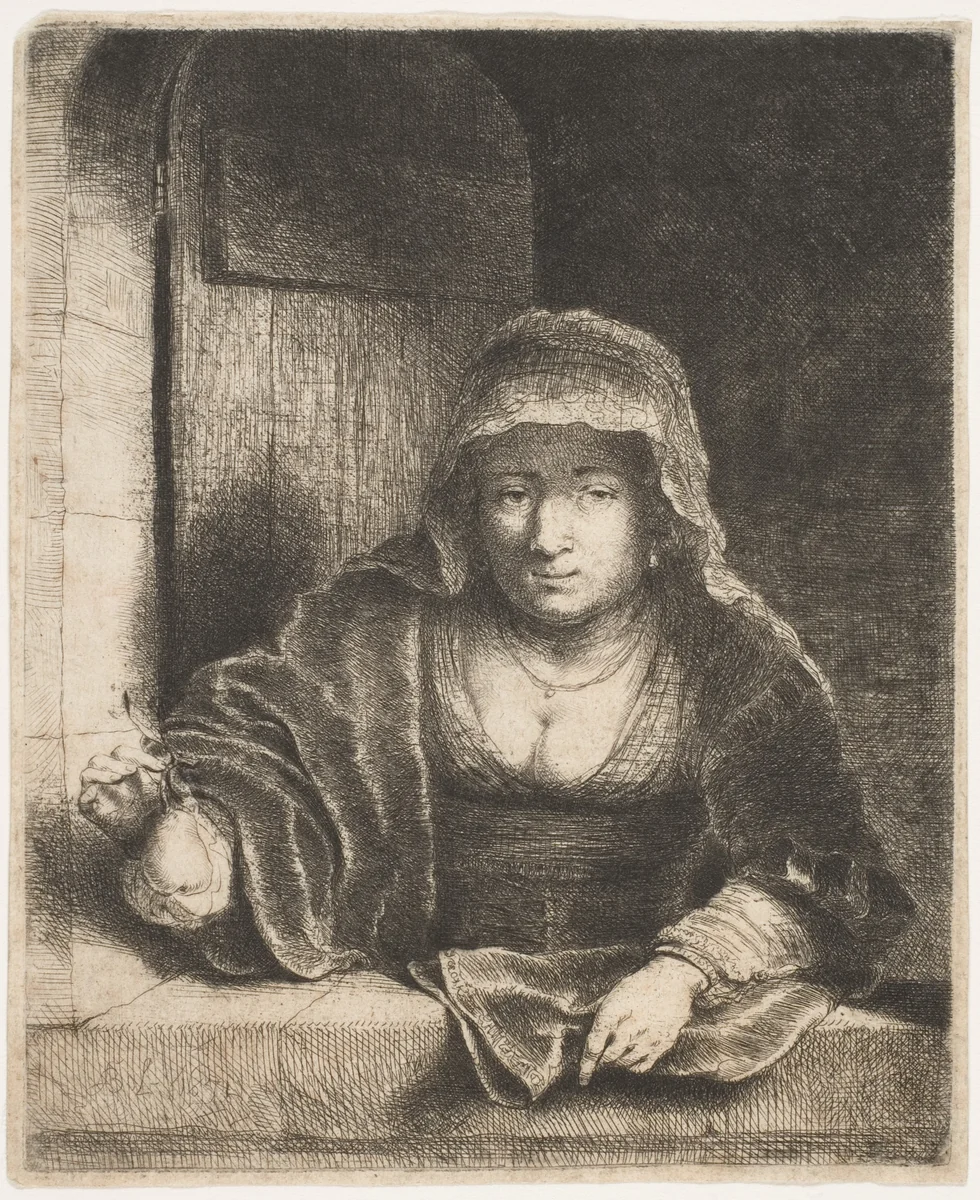 Woman with a Pear by Ferdinand Bol, print, 1625-1680