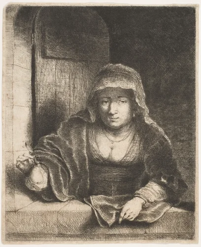 Woman with a Pear by Ferdinand Bol, print, 1625-1680