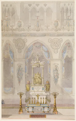 Interior Elevation of Reims Cathedral with a Statue of King Louis I and an Altar placed at Front by Charles Percier, drawing, 1815