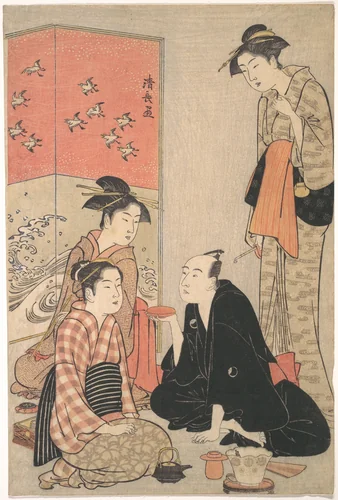 The Kabuki Actor Sawamura Sōjūrō III and Courtesans by Torii Kiyonaga (鳥居清長), print, 1783-1784