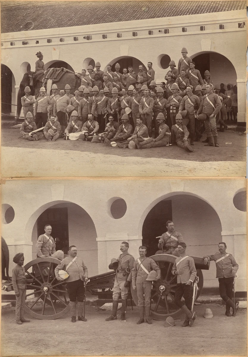 Officers of Elephant Battery, Jhansi (recto); Men of Elephant Battery, Jhansi (verso) by Raja Deen Dayal, photograph, 1877-1892