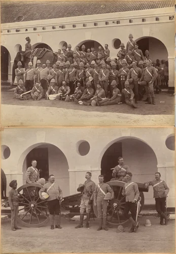 Officers of Elephant Battery, Jhansi (recto); Men of Elephant Battery, Jhansi (verso) by Raja Deen Dayal, photograph, 1877-1892