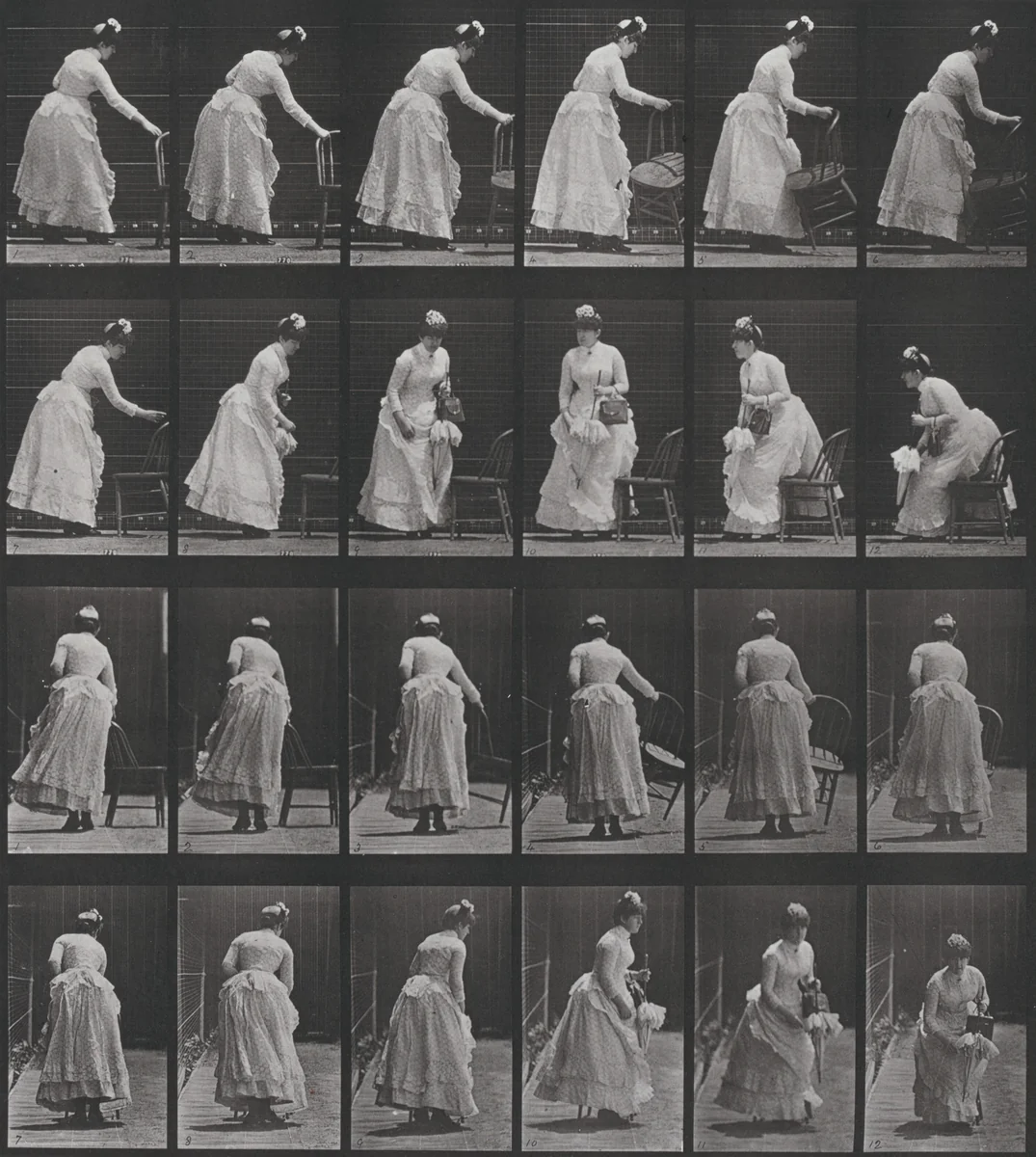 Plate Number 243. Placing a chair and sitting, parasol in left hand by Eadweard Muybridge, photograph, 1887