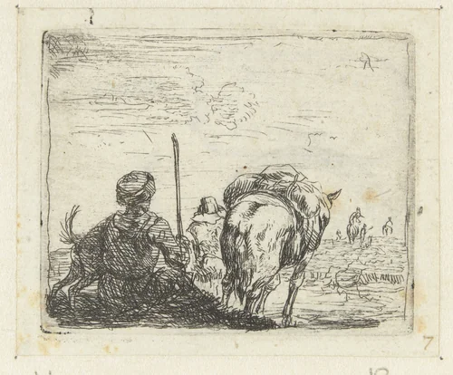 Italianiserend landschap met man, hond, herder en paard by Karel du Jardin, print, 1652-1659