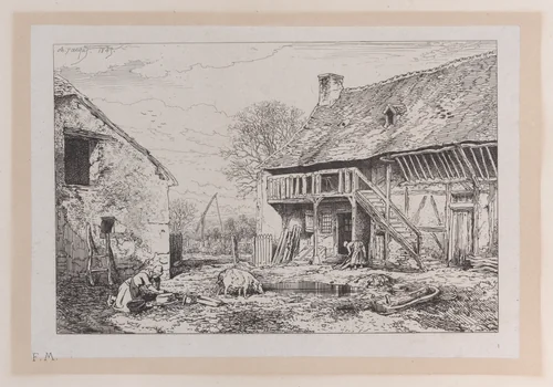 Landscape of a Peasant's Yard by Charles Jacque, print, 1845