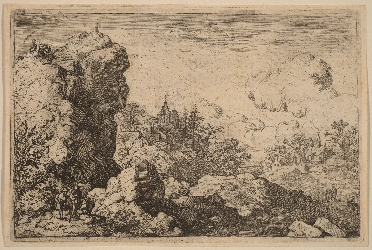 Three Travelers at the Foot of a High Rock by Allart van Everdingen, print, 1645-1656