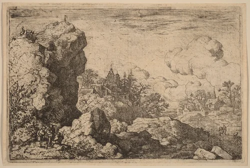 Three Travelers at the Foot of a High Rock by Allart van Everdingen, print, 1645-1656