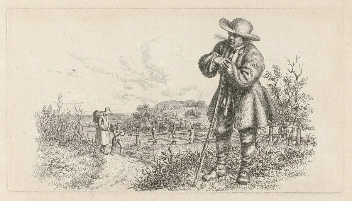 Man leunend op een stok en een vrouw met een kind op een landweg by Jacob Ernst Marcus, print, 1815