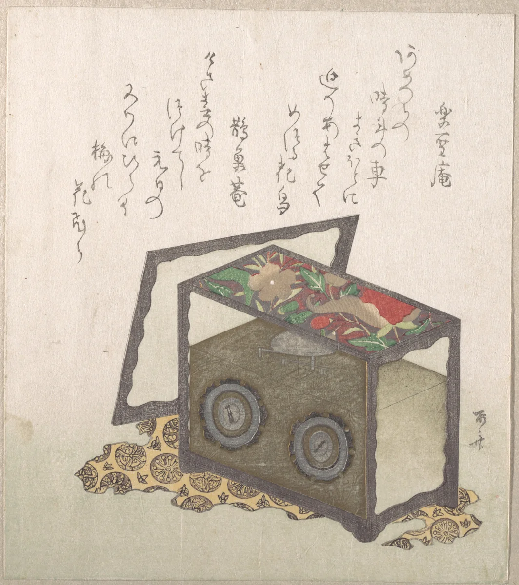 Clock by Ryūryūkyo Shinsai (柳々居辰斎), print, 1800-1899