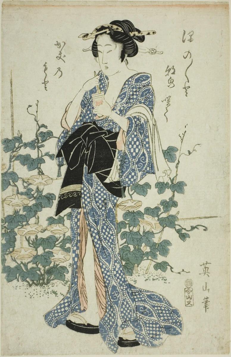 Beauty standing beside morning glories by Kikukawa Eizan, print, 1809-1822