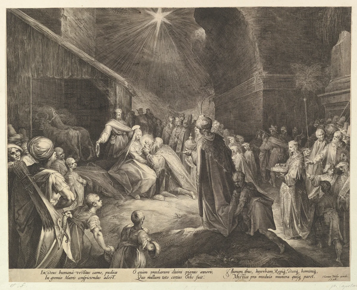 The Adoration of the Magi by Jan Muller, print, 1598
