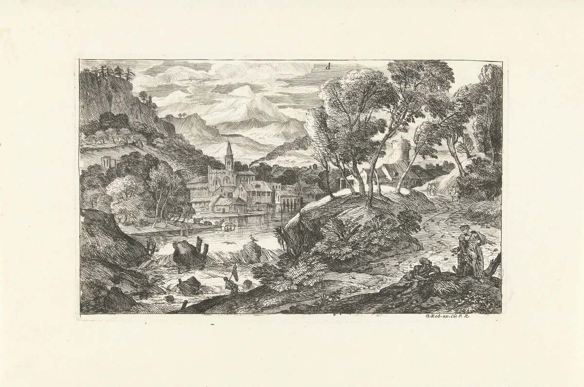 Landschap met waterval en dorp by Adriaen van der Kabel, print, 1648-1705