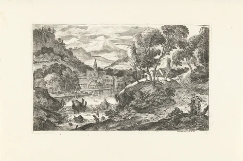 Landschap met waterval en dorp by Adriaen van der Kabel, print, 1648-1705