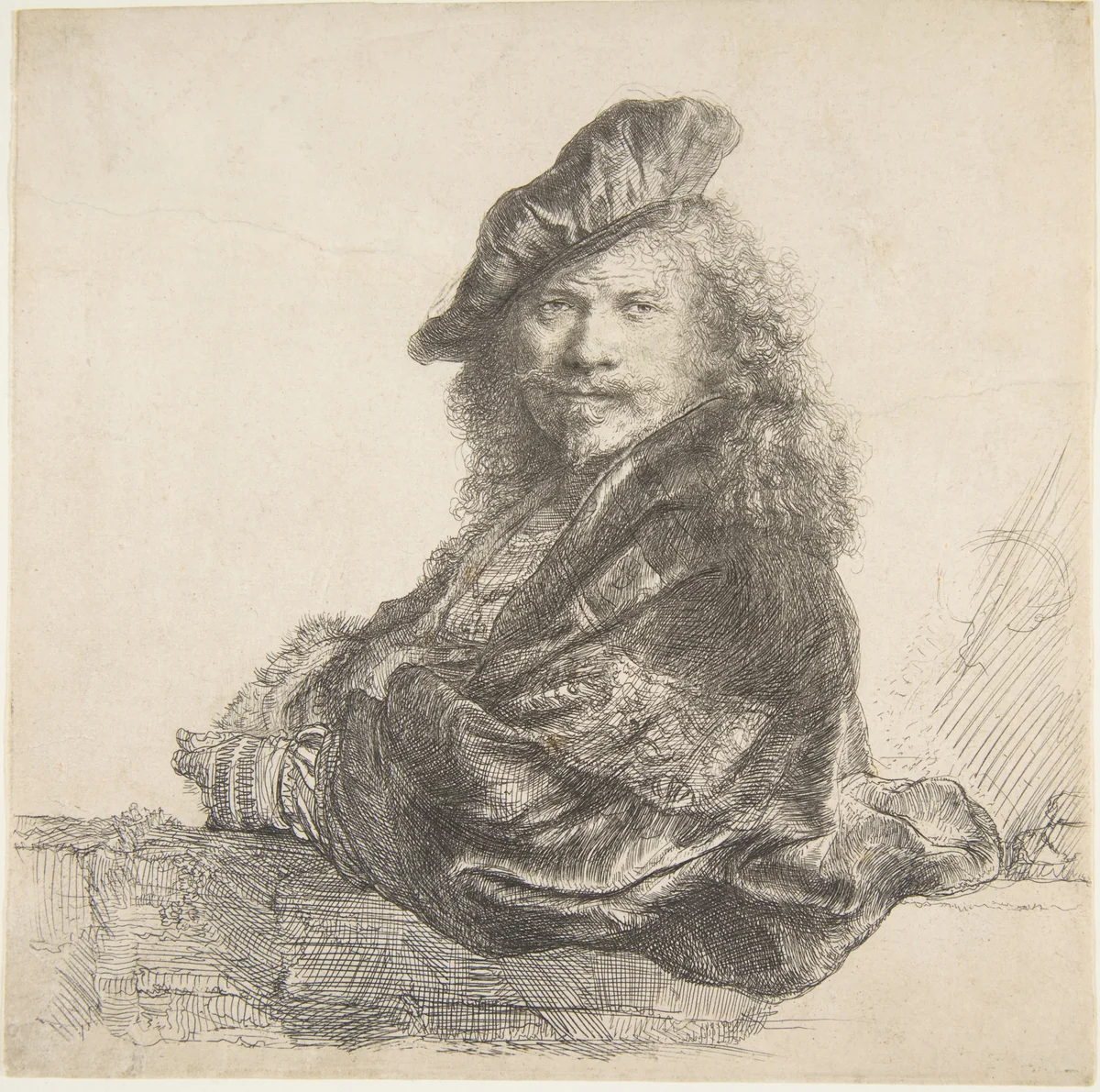 Self-Portrait, Leaning on a Stone Wall by Rembrandt van Rijn, print, 1639