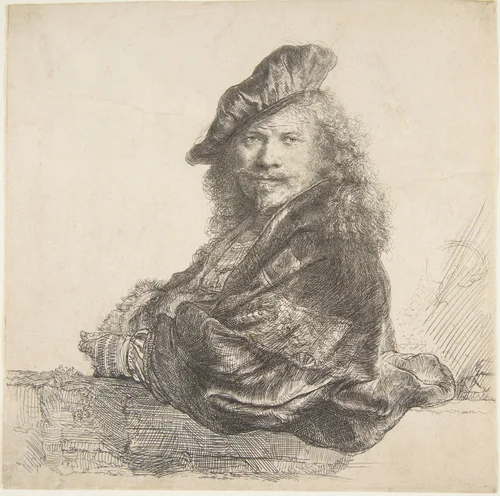 Self-Portrait, Leaning on a Stone Wall by Rembrandt van Rijn, print, 1639
