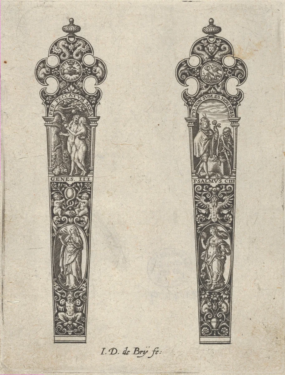 Design for Knife Handles with the Temptation of Adam and Eve and a Memento Mori Scene by Johann Theodor de Bry, print, 1580-1600