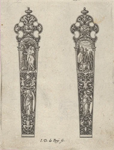 Design for Knife Handles with the Temptation of Adam and Eve and a Memento Mori Scene by Johann Theodor de Bry, print, 1580-1600