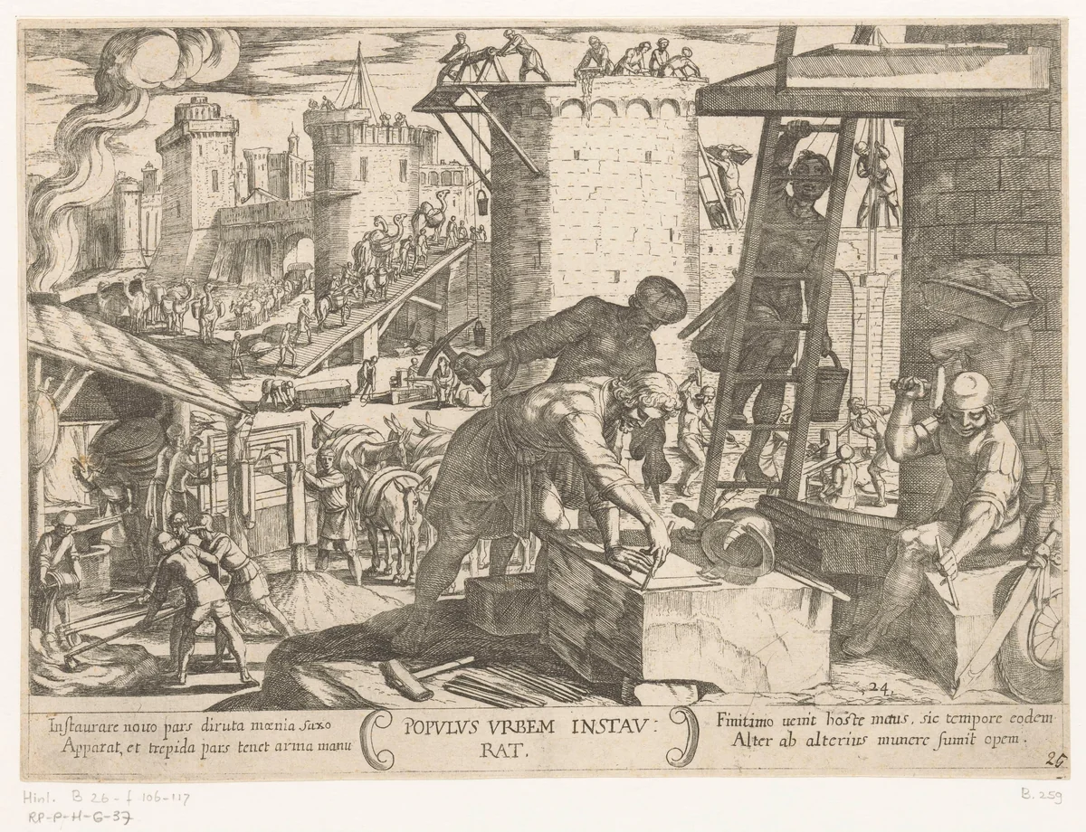 De Israëlieten herbouwen de muren van Jerusalem by Antonio Tempesta, print, 1613