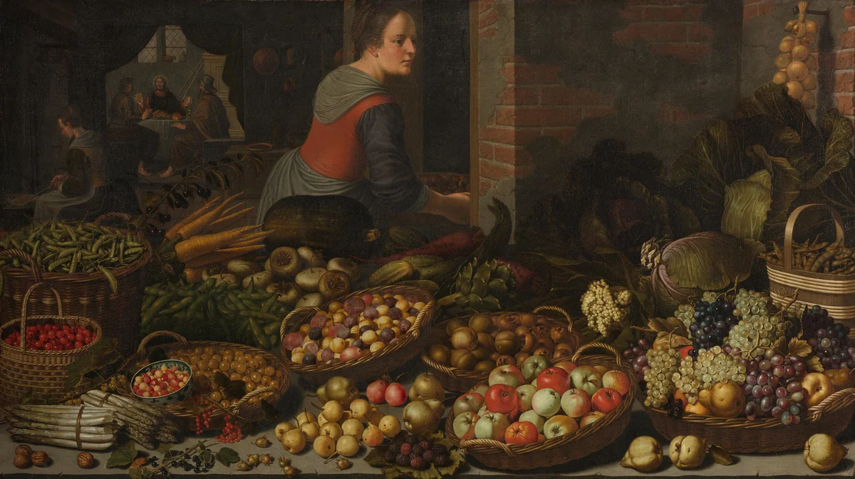 Still Life with Fruit and Vegetables, with Christ at Emmaus in the background by Floris Gerritsz van Schooten, painting, 1630