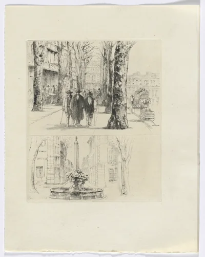 Frédéric Mistral: Mémoires et Recits by Frédéric Mistral: city street scene/ fountain (insert after p. 120) by Auguste Brouet, other, 1937