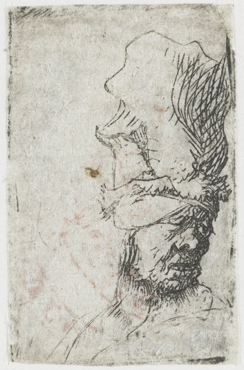 Head of a man in a high cap by Rembrandt van Rijn, print, 1629