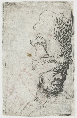 Head of a man in a high cap by Rembrandt van Rijn, print, 1629