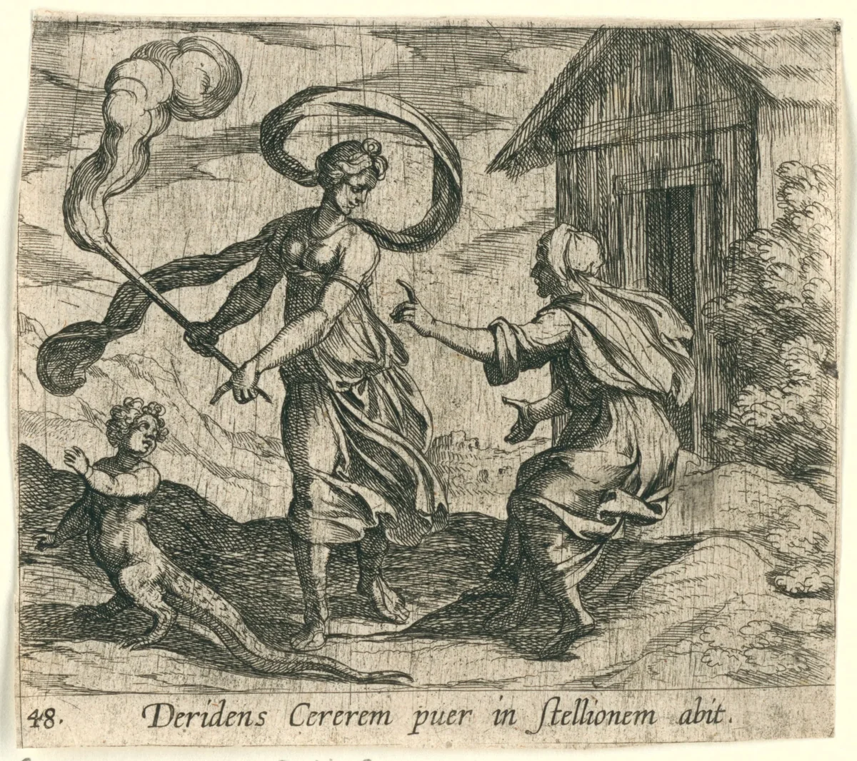Ceres verandert Ascalabus in een hagedis by Antonio Tempesta, print, 1606-1638