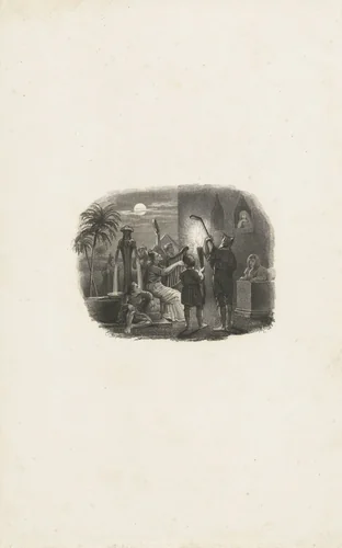 Groepje muzikanten speelt 's nachts voor het raam van een vrouw by Henricus Wilhelmus Couwenberg, print, 1830-1845
