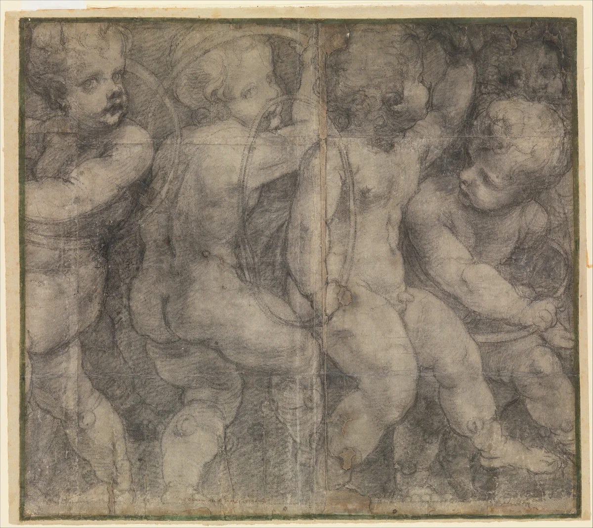 Putti Playing with Hoops (Cartoon for a Fresco in Parma Cathedral) by Michelangelo Anselmi, drawing, 1543-1553