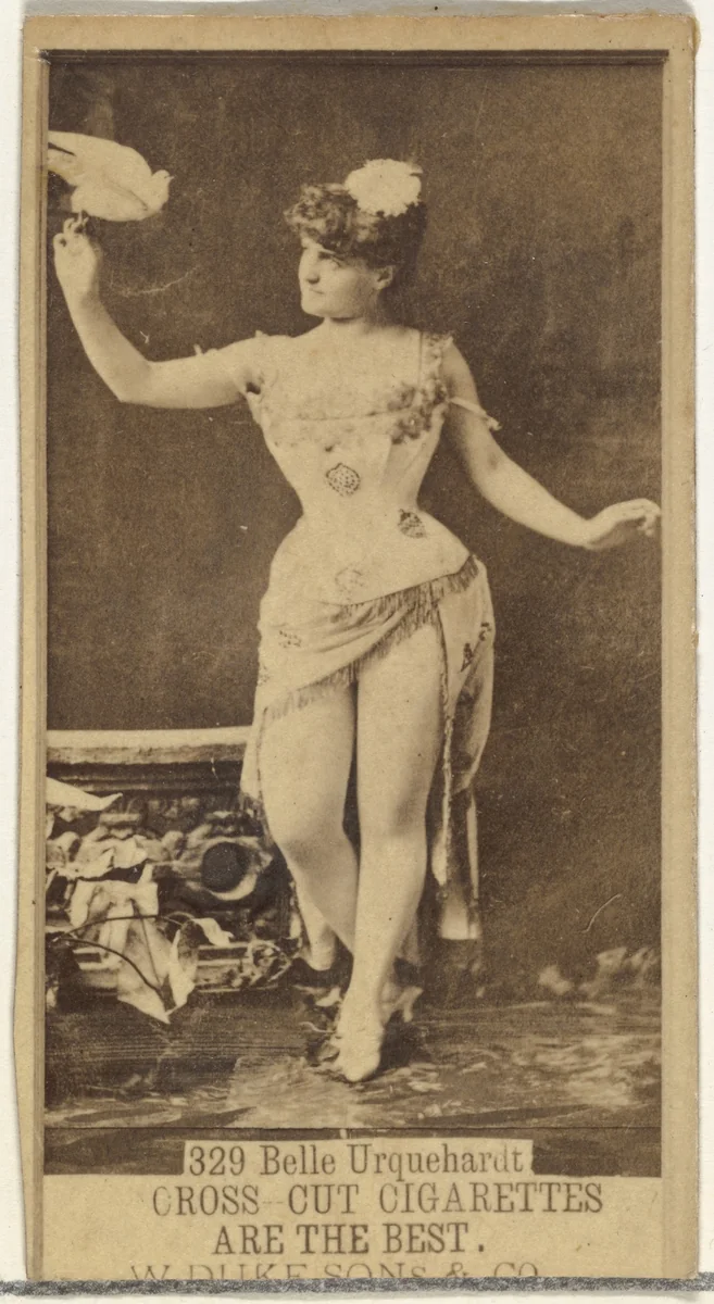 Card Number 329, Belle Urquehardt, from the Actors and Actresses series (N145-3) issued by Duke Sons & Co. to promote Cross Cut Cigarettes by W. Duke, Sons & Co., photograph, 1880-1889