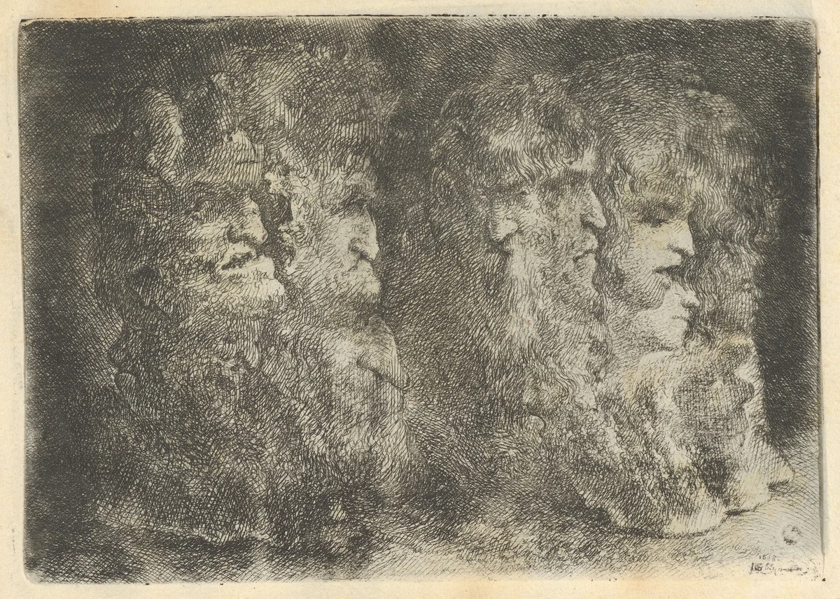 Two Formations of Grotesque Heads by Jacques de Gheyn, print, 1638