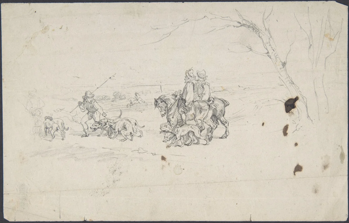 Sketch of horsemen with dogs by anonymous, drawing, 1800-1900