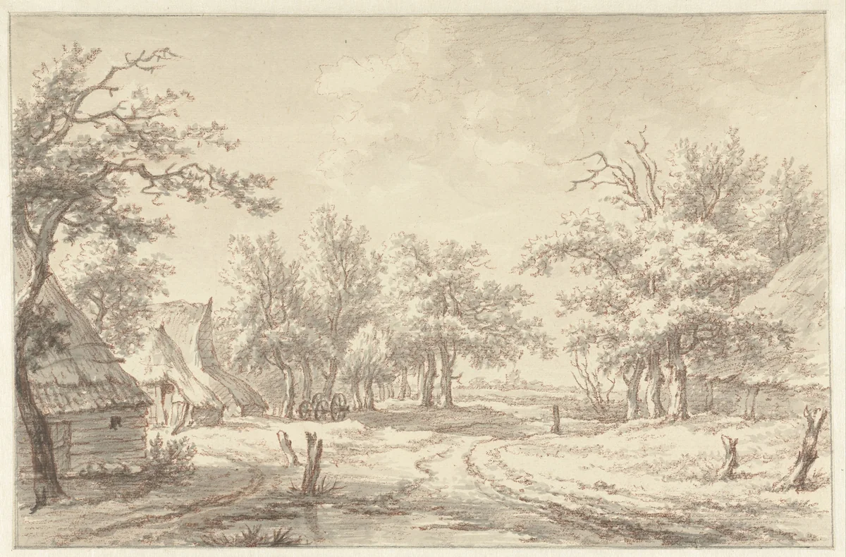 Landschap met enkele boerderijen by Egbert van Drielst, drawing, 1755-1818