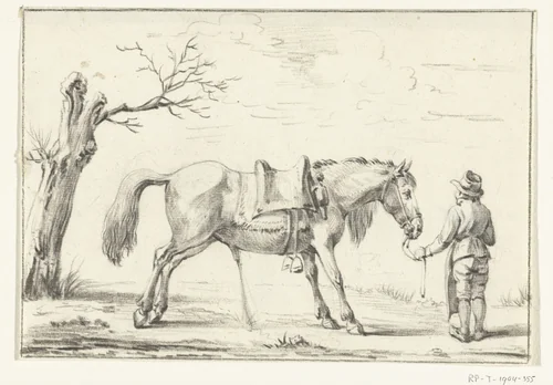 Ruiter staand naast pissend paard by Jean Bernard, drawing, 1775-1833