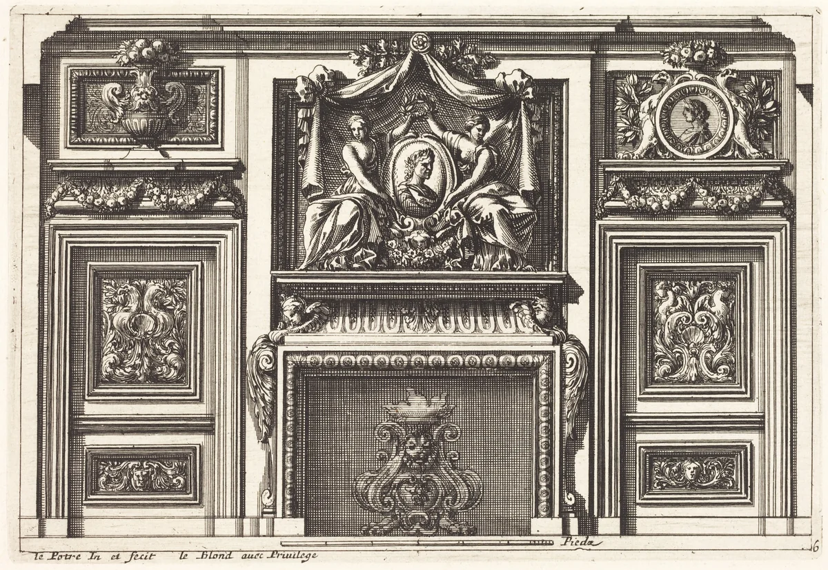 Fireplaces and Other Interior Decorations by Jean Lepautre, print, 1618-1682