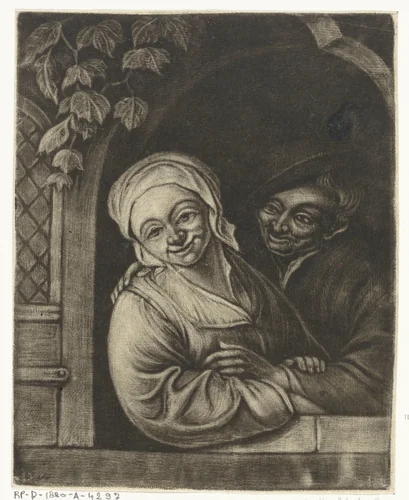 Paar in een vensteropening by Jacob Hoolaart, print, 1723-1789