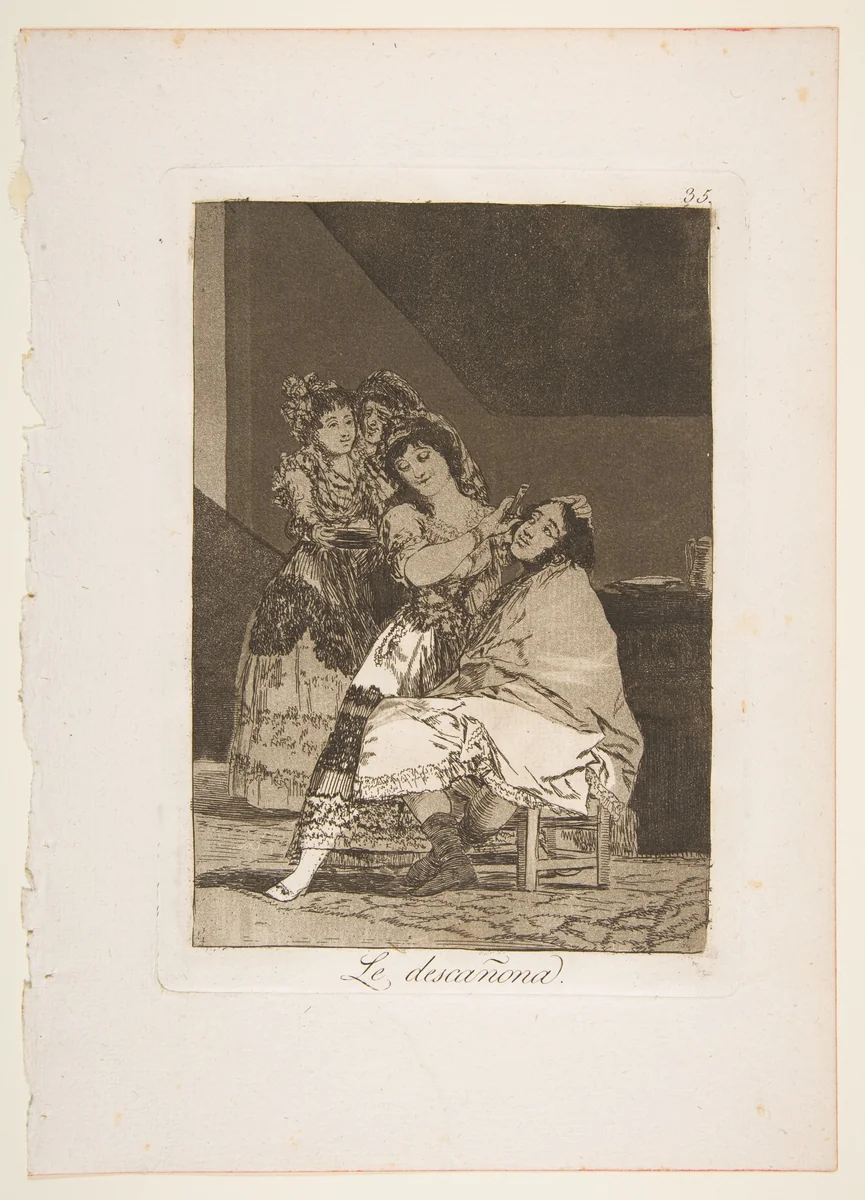 Plate 35 from "Los Caprichos": She fleeces him (Le descañona) by Goya, print, 1799