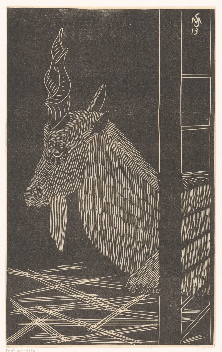 Markhorgeit (Zittend hert in een kooi) by Samuel Jessurun de Mesquita, print, 1913
