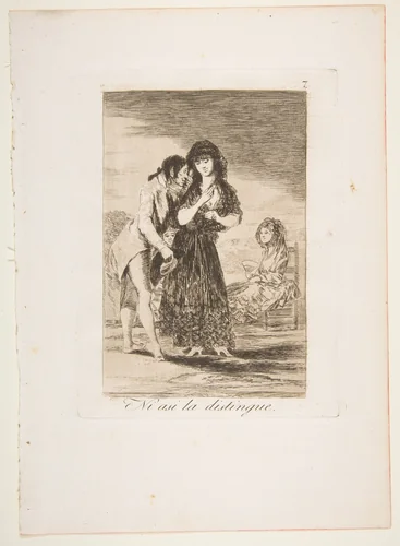 Plate 7 from "Los Caprichos": Even thus he cannot make her out (Ni asi la distingue) by Goya, print, 1799