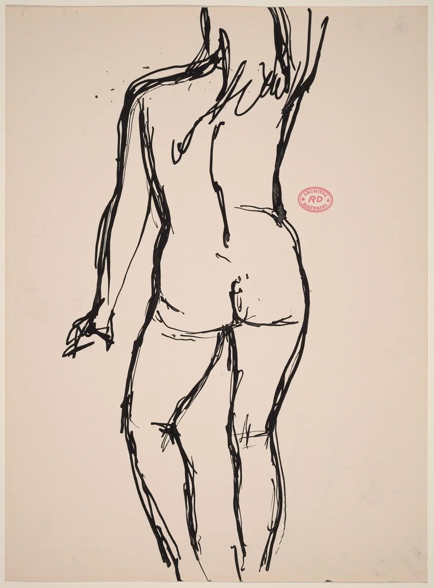 Untitled [back view of standing female nude with right arm raised] by Richard Diebenkorn, drawing, 1955-1967
