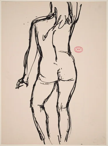 Untitled [back view of standing female nude with right arm raised] by Richard Diebenkorn, drawing, 1955-1967
