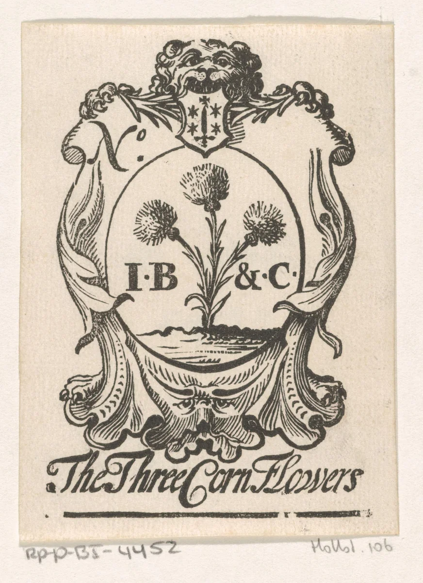 Handelsetiket van John Brunick & company by Isaac Vincentsz. van der Vinne, print, 1681-1740