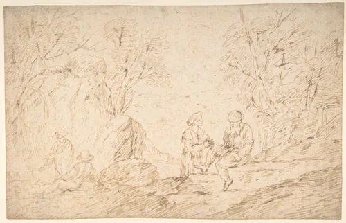 Four Figures Conversing in a Landscape by Antonio del Castillo y Saavedra, drawing, 1616-1668