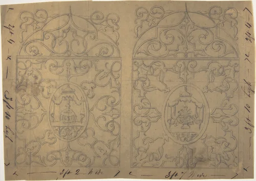 Ornament Designs on Two Panels, the Central Cartouches Decorated with Tents by Richardson Ellson, drawing, 1875-1885