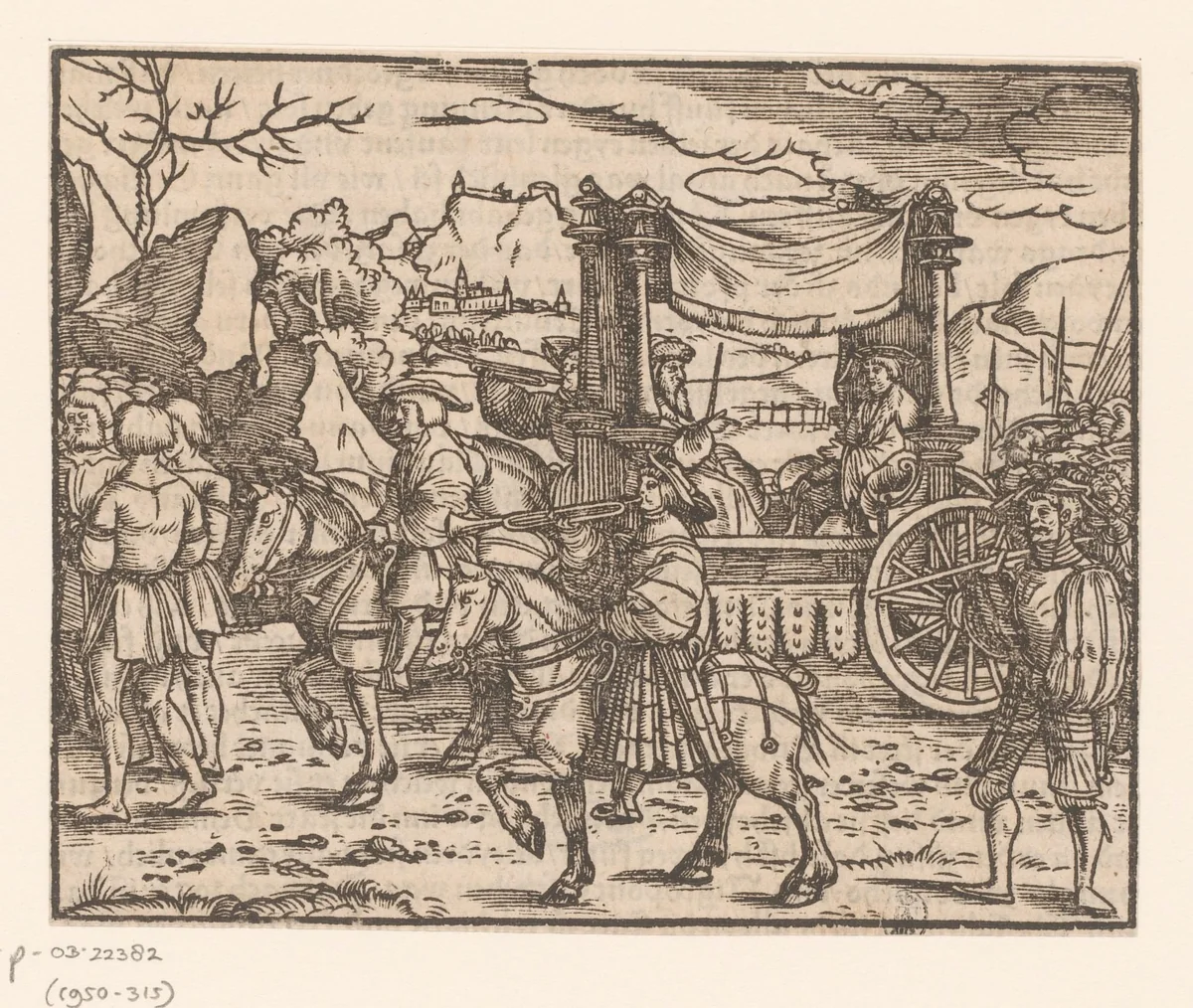 Vorst in een triomfwagen, begeleid door ruiters, herauten en voetsoldaten by anonymous, print, 1500-1599