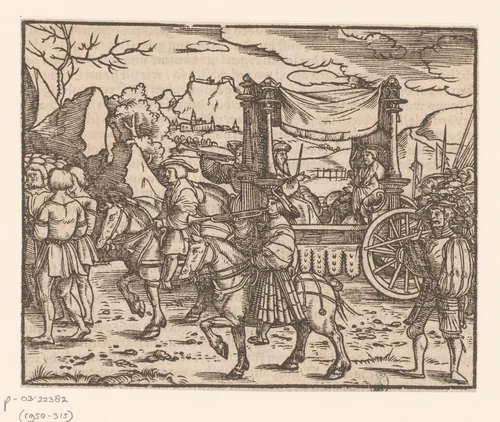 Vorst in een triomfwagen, begeleid door ruiters, herauten en voetsoldaten by anonymous, print, 1500-1599