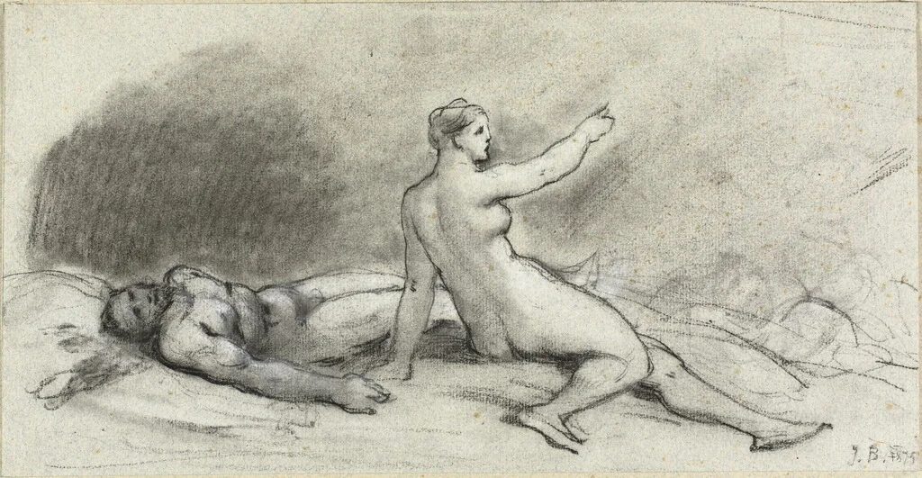 Nude Woman Seated with Nude Man Asleep (recto); Female Torso Seen from Behind (verso) by Jean Béraud, drawing, 1870-1880