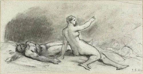 Nude Woman Seated with Nude Man Asleep (recto); Female Torso Seen from Behind (verso) by Jean Béraud, drawing, 1870-1880